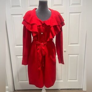 Christian Siriano Bold Red Knitted Ruffled Buttoned Down Cardigan Sweater M